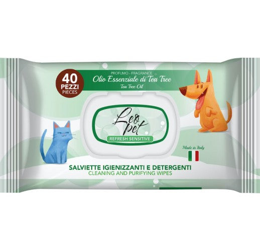 SALVIETTE IGIENIZZANTI E DETERGENTI ALL’ OLIO ESSENZIALE DI TEA TREE DA 40 PEZZI