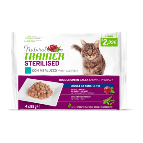 NATURAL TRAINER FLOW PACK STERILIZZATO MERLUZZO 85GX4